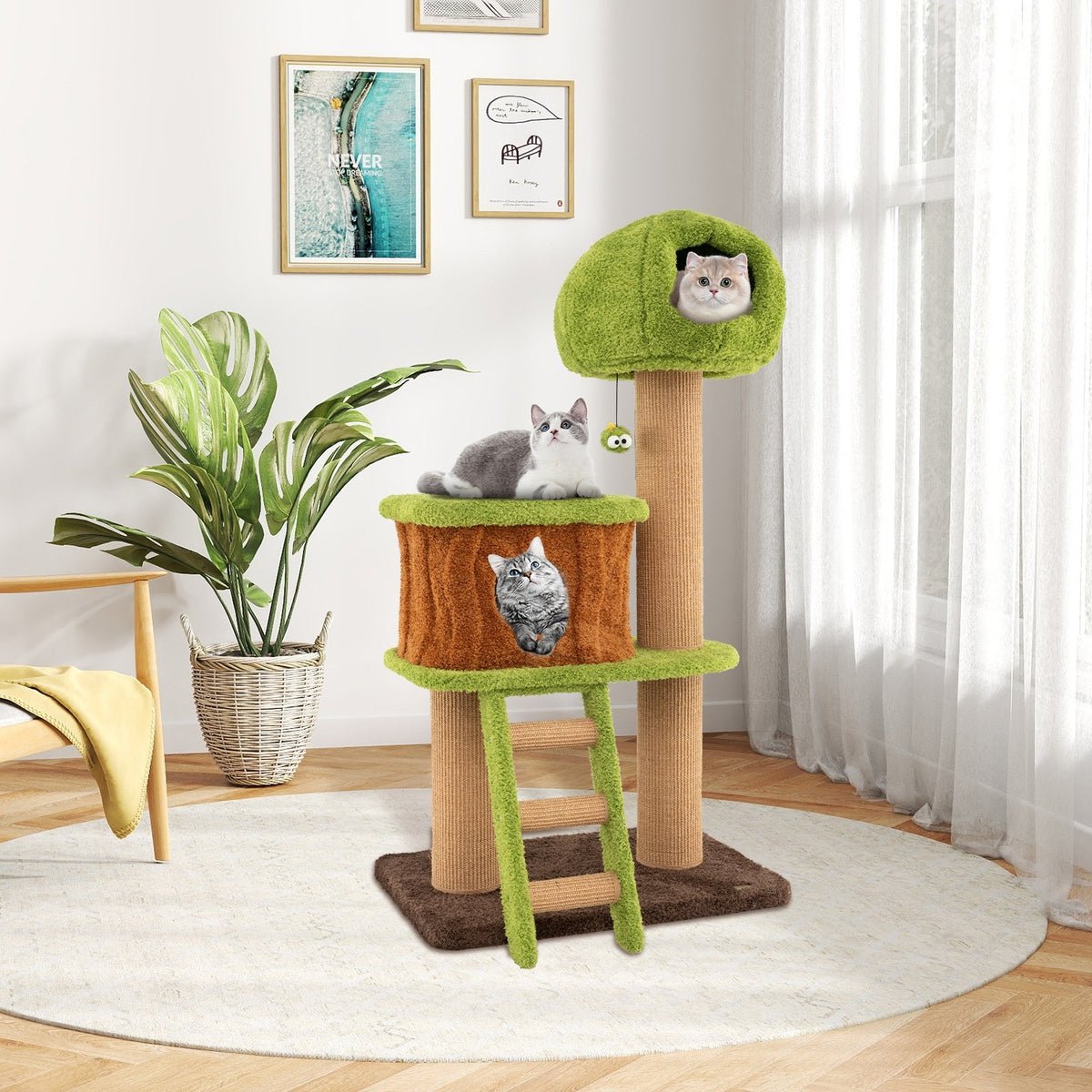 Cute Cat Tree for Indoor Cats with Mushroom-shaped Nest Condo and Climbing Ladder-Green view 2