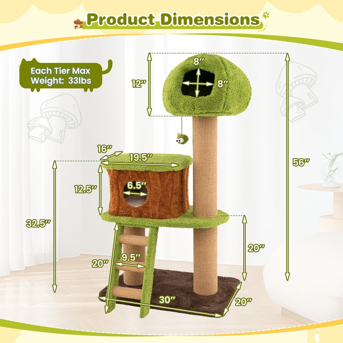Cute Cat Tree for Indoor Cats with Mushroom-shaped Nest Condo and Climbing Ladder-Green view 5