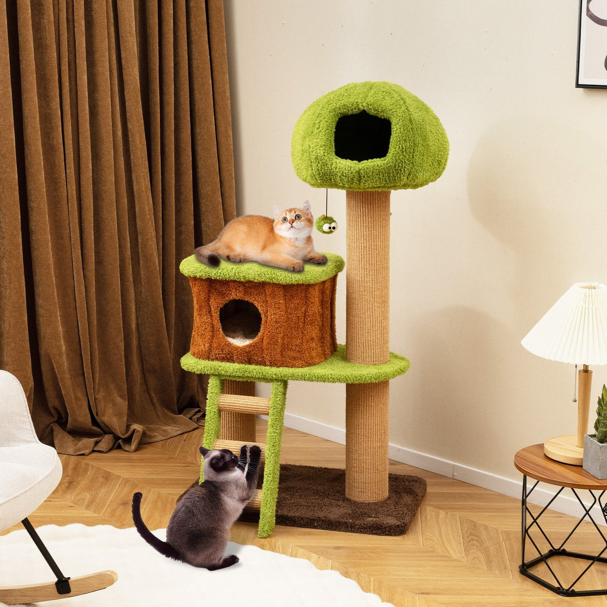 Cute Cat Tree for Indoor Cats with Mushroom-shaped Nest Condo and Climbing Ladder-Green view 6