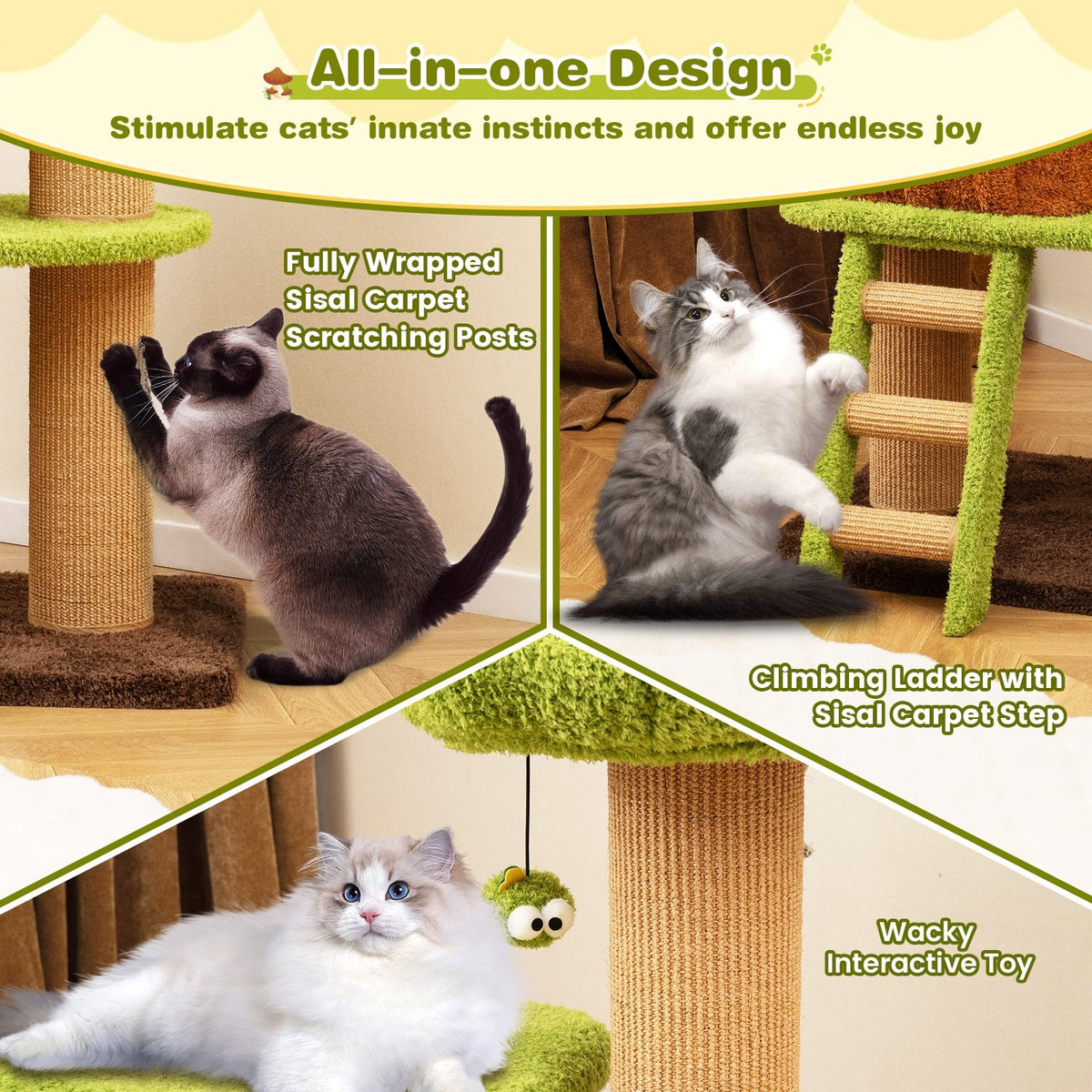 Cute Cat Tree for Indoor Cats with Mushroom-shaped Nest Condo and Climbing Ladder-Green view 8