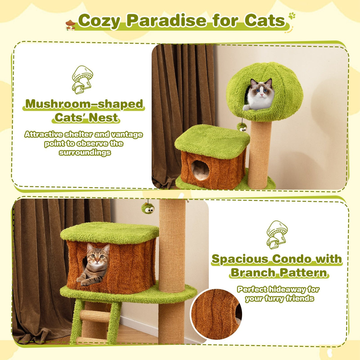 Cute Cat Tree for Indoor Cats with Mushroom-shaped Nest Condo and Climbing Ladder-Green view 9
