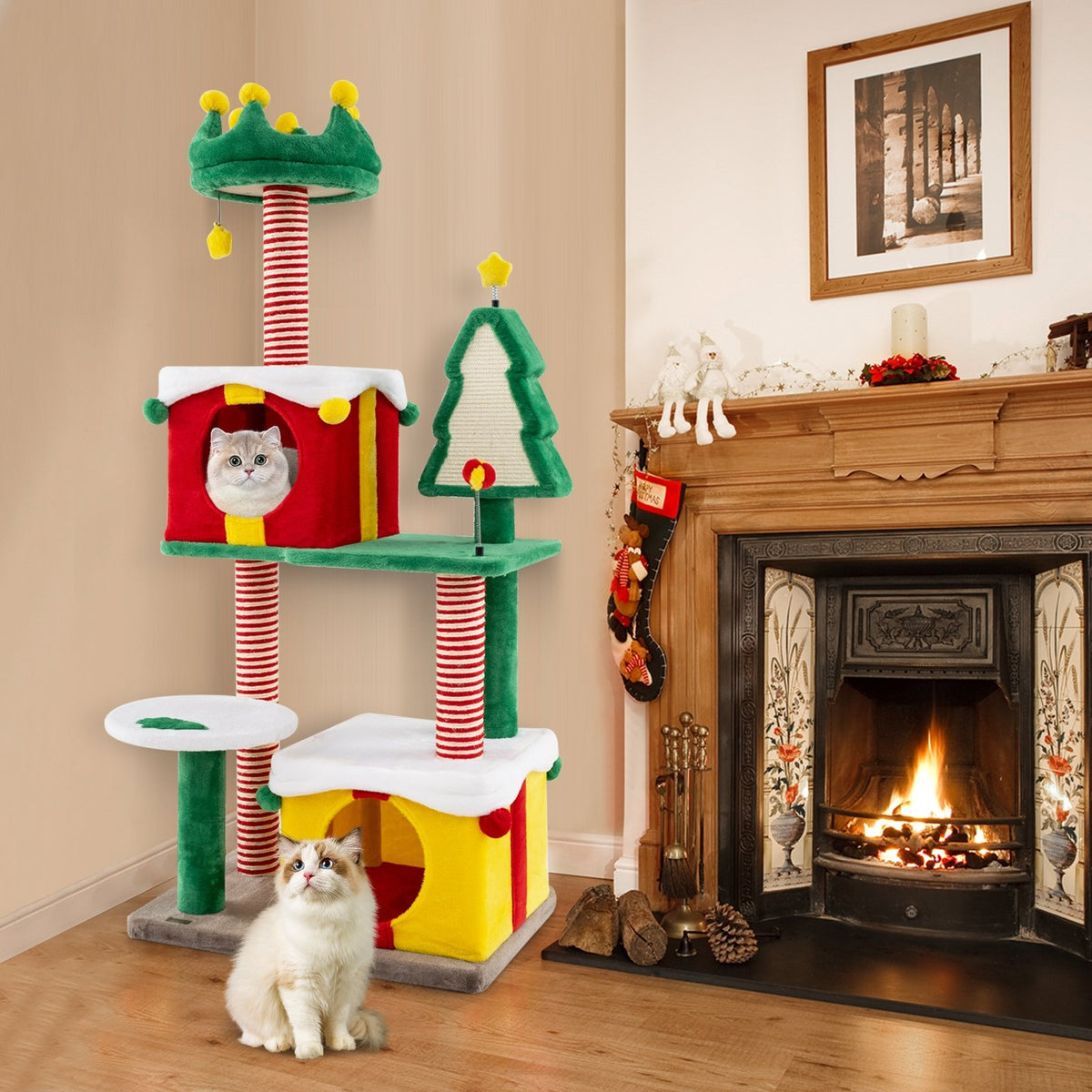 Cute Christmas Cat Tree Cat Tower for Indoor Cats with Scratching Posts and Carpet-Multicolor view 6