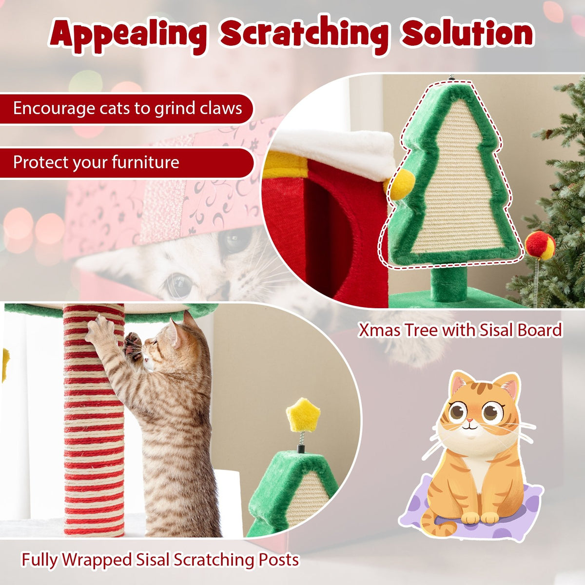 Cute Christmas Cat Tree Cat Tower for Indoor Cats with Scratching Posts and Carpet-Multicolor view 9