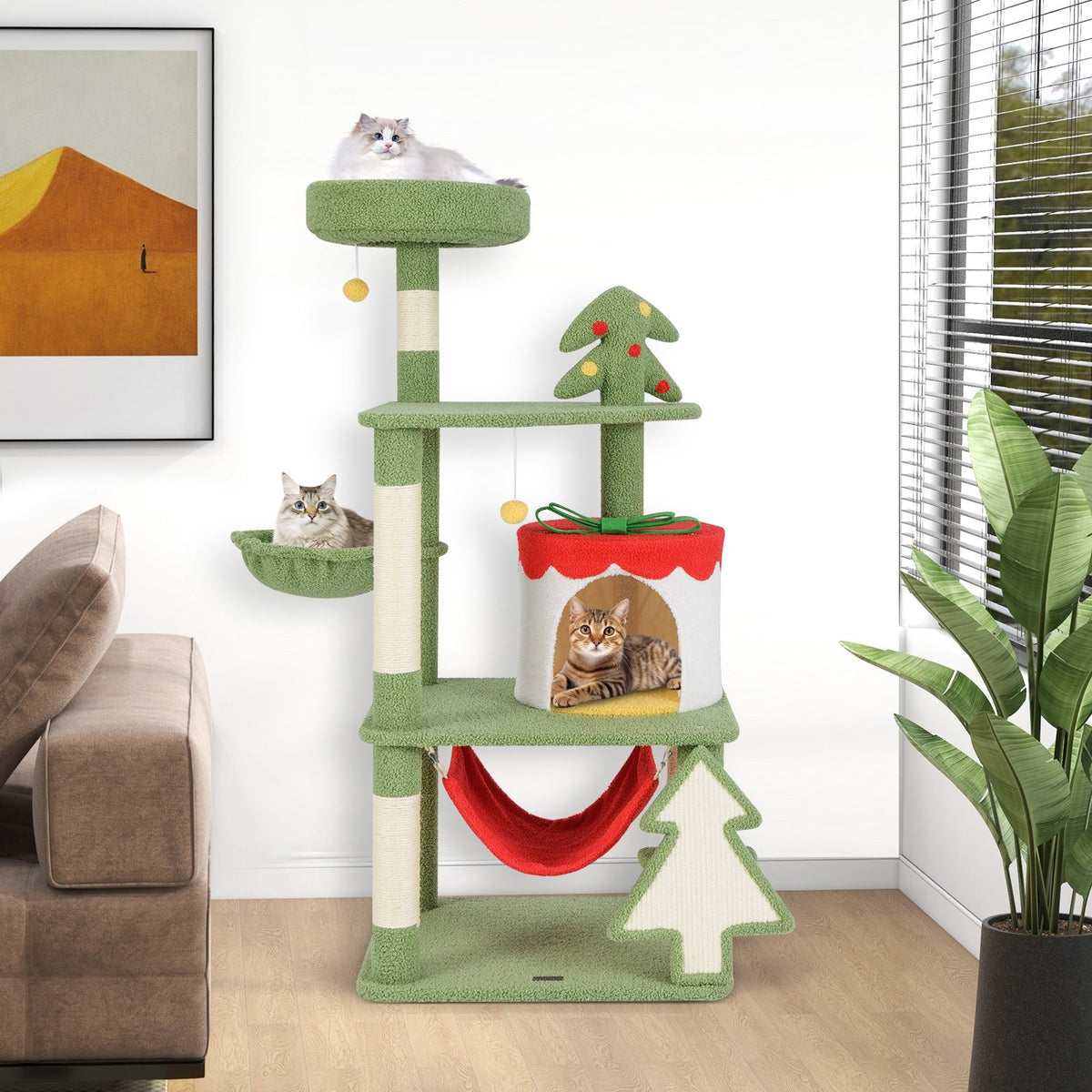 Cute Christmas Cat Tree with Sisal Scratching Posts and Gift Box Shaped Condo-Green view 2