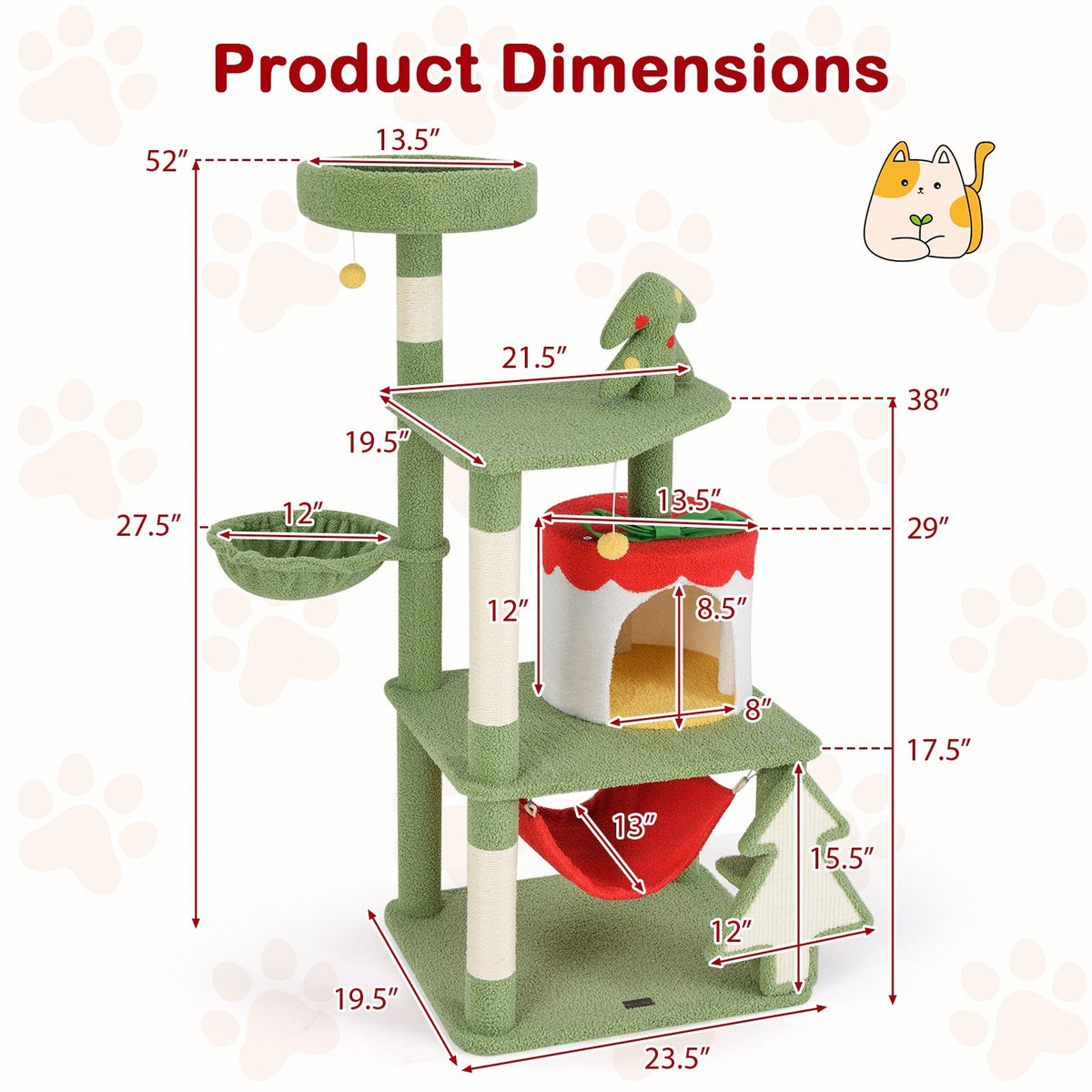 Cute Christmas Cat Tree with Sisal Scratching Posts and Gift Box Shaped Condo-Green view 5