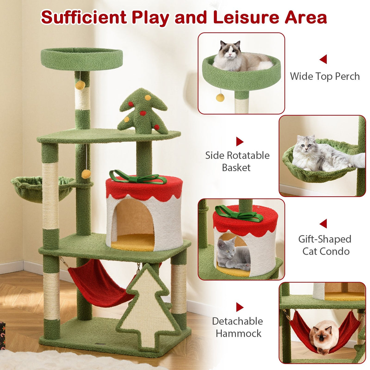 Cute Christmas Cat Tree with Sisal Scratching Posts and Gift Box Shaped Condo-Green view 6