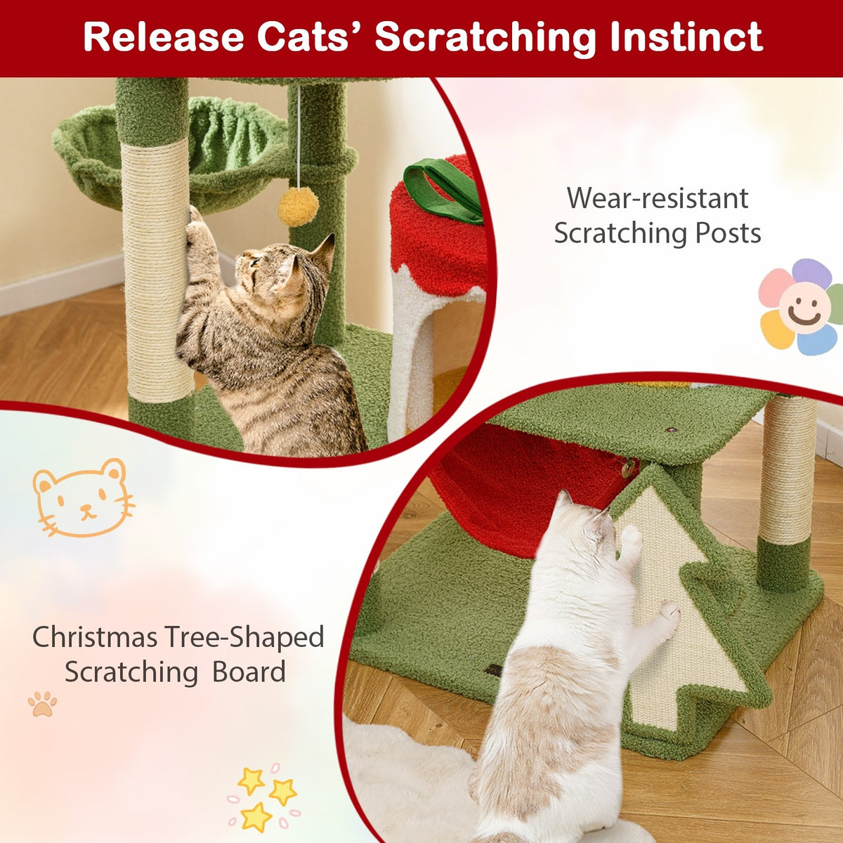 Cute Christmas Cat Tree with Sisal Scratching Posts and Gift Box Shaped Condo-Green view 7