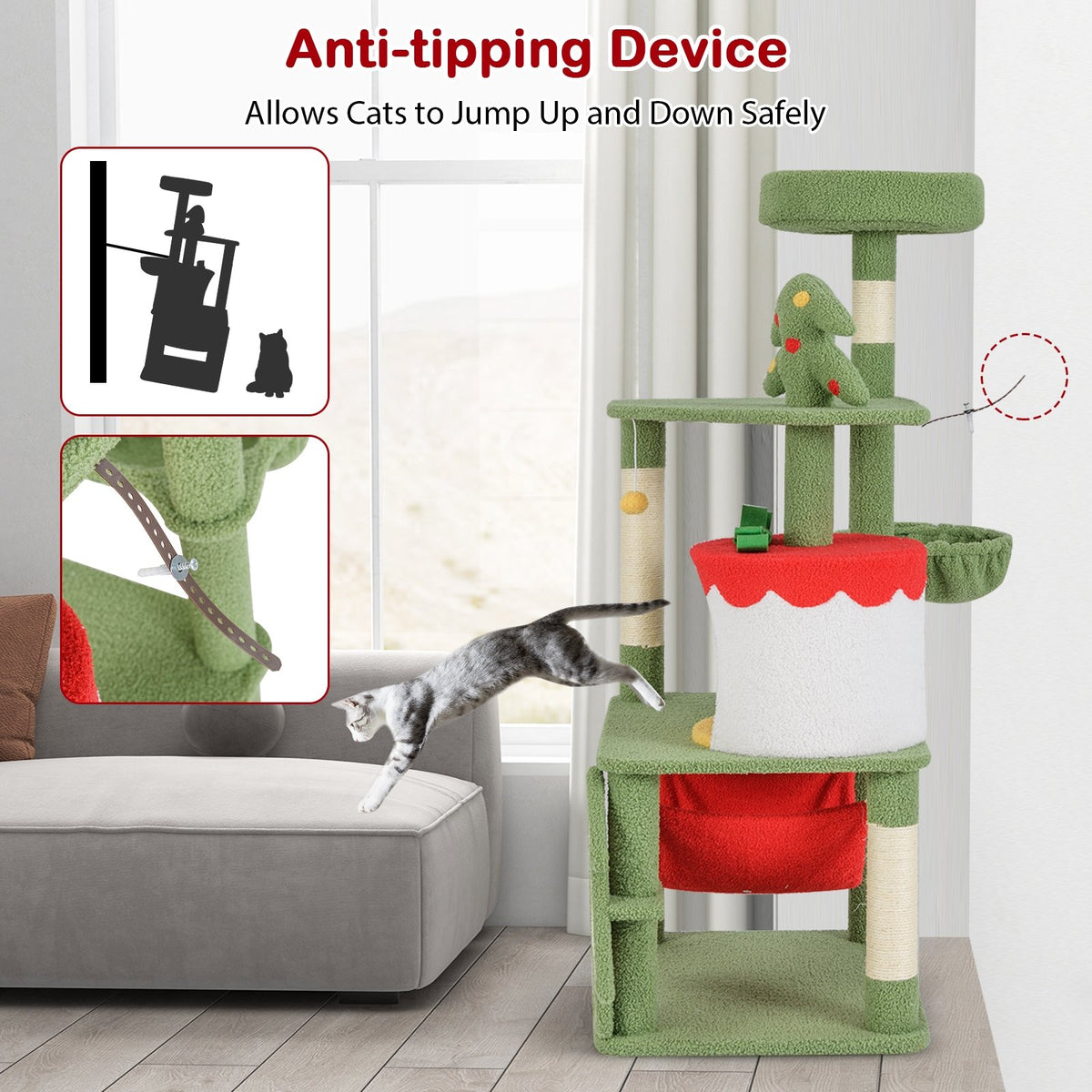 Cute Christmas Cat Tree with Sisal Scratching Posts and Gift Box Shaped Condo-Green view 8