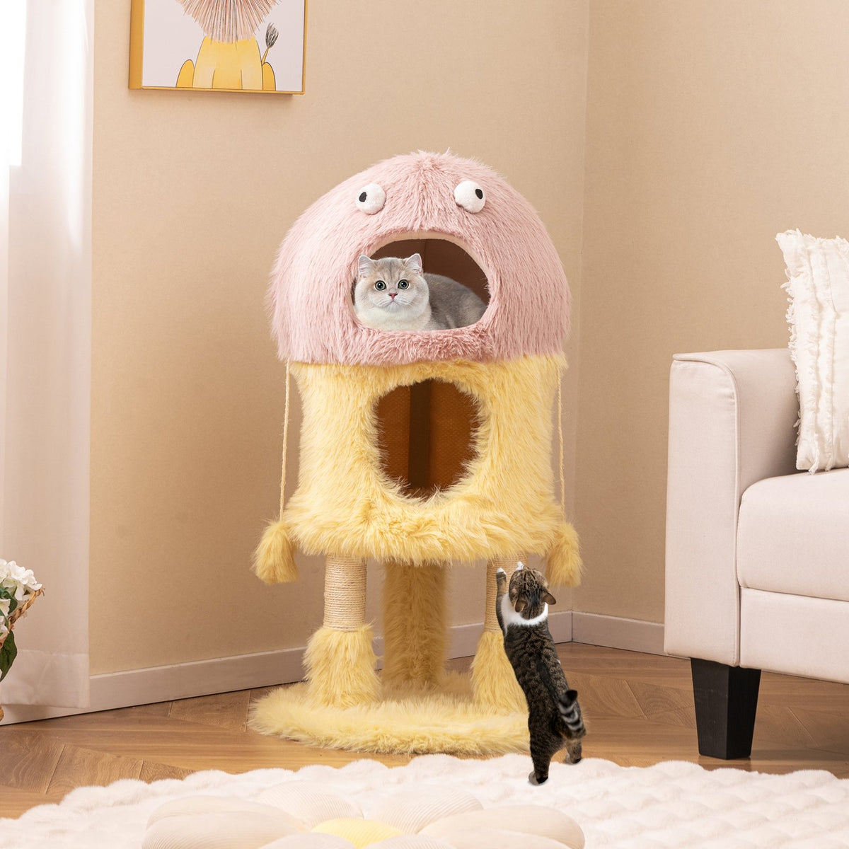 Cute Monster-Themed Cat Tower with 2 Private Condos and 3-Level Activity Center-Yellow view 3