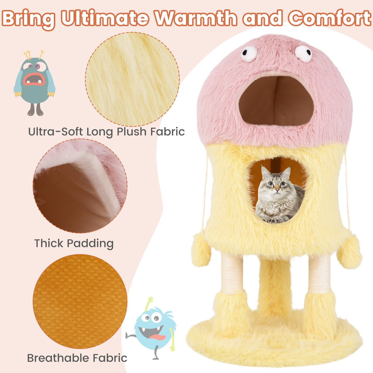 Cute Monster-Themed Cat Tower with 2 Private Condos and 3-Level Activity Center-Yellow view 8