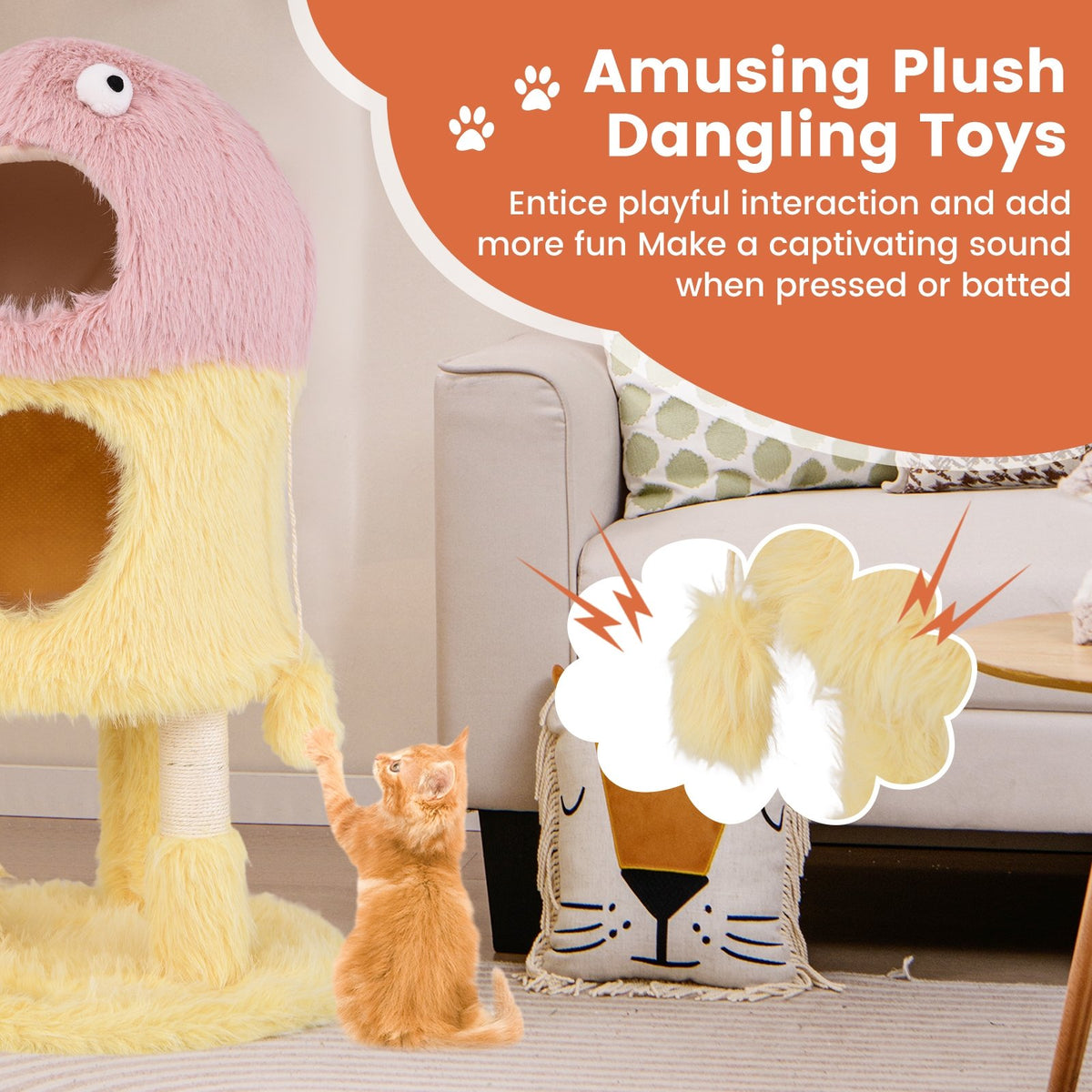 Cute Monster-Themed Cat Tower with 2 Private Condos and 3-Level Activity Center-Yellow view 9