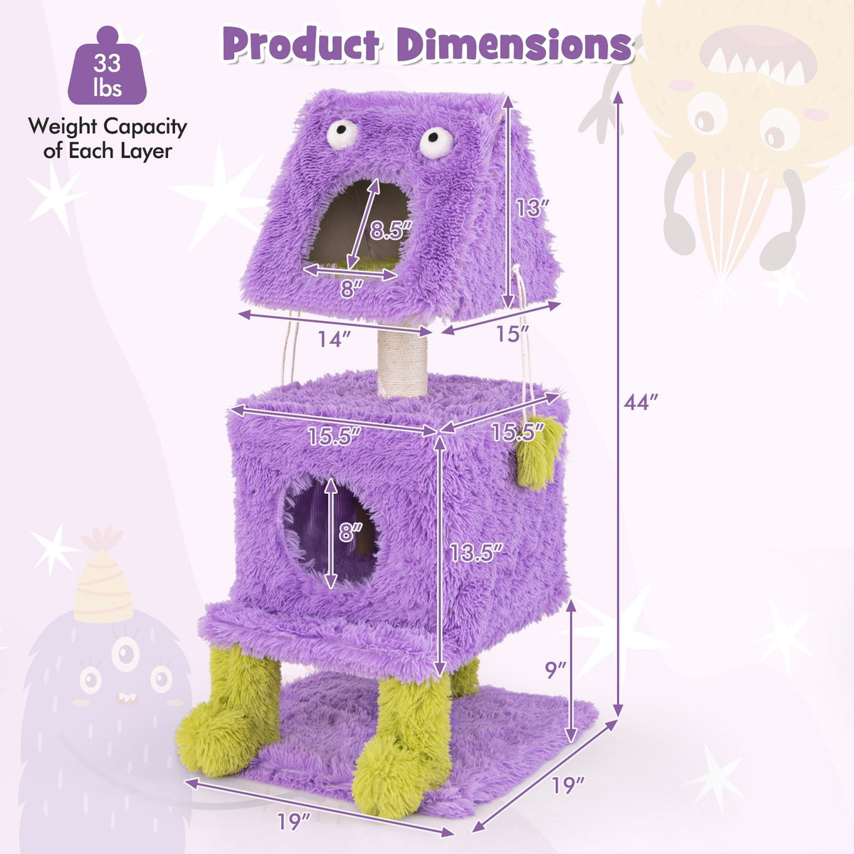 Cute Monster-Themed Cat Tower with 2 Private Condos for Small Place-Purple view 5