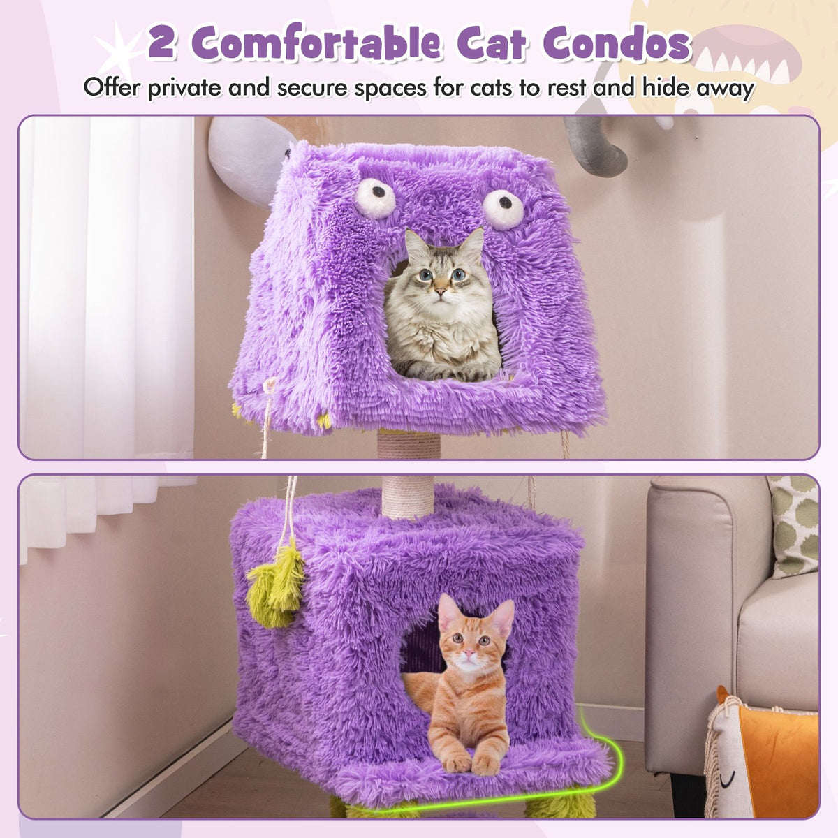 Cute Monster-Themed Cat Tower with 2 Private Condos for Small Place-Purple view 6