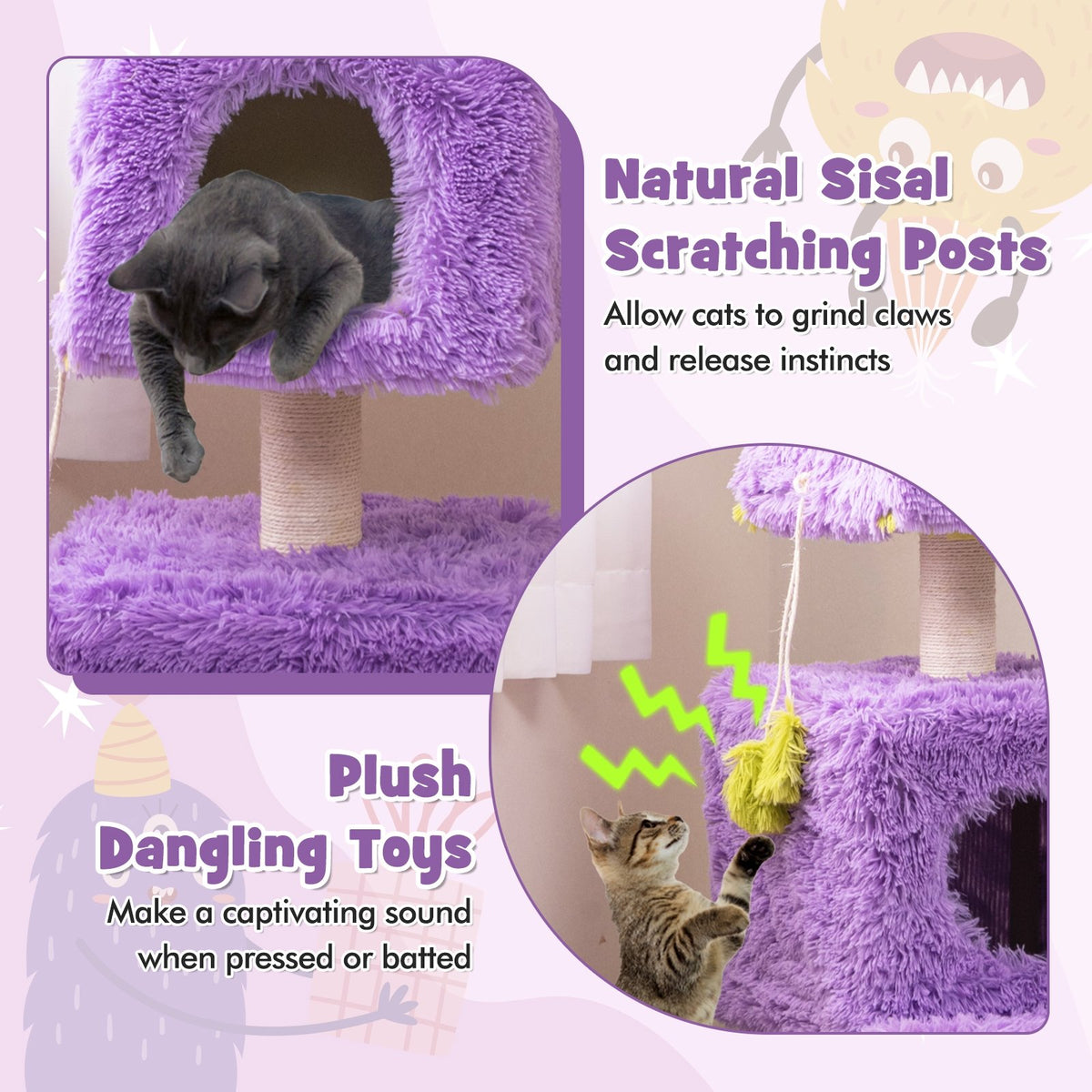 Cute Monster-Themed Cat Tower with 2 Private Condos for Small Place-Purple view 7