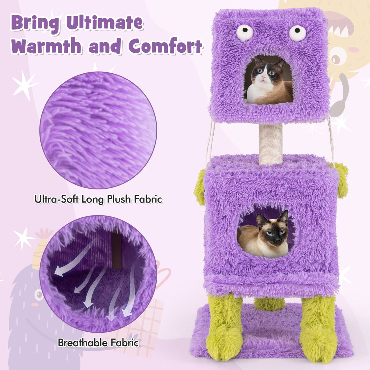 Cute Monster-Themed Cat Tower with 2 Private Condos for Small Place-Purple view 9