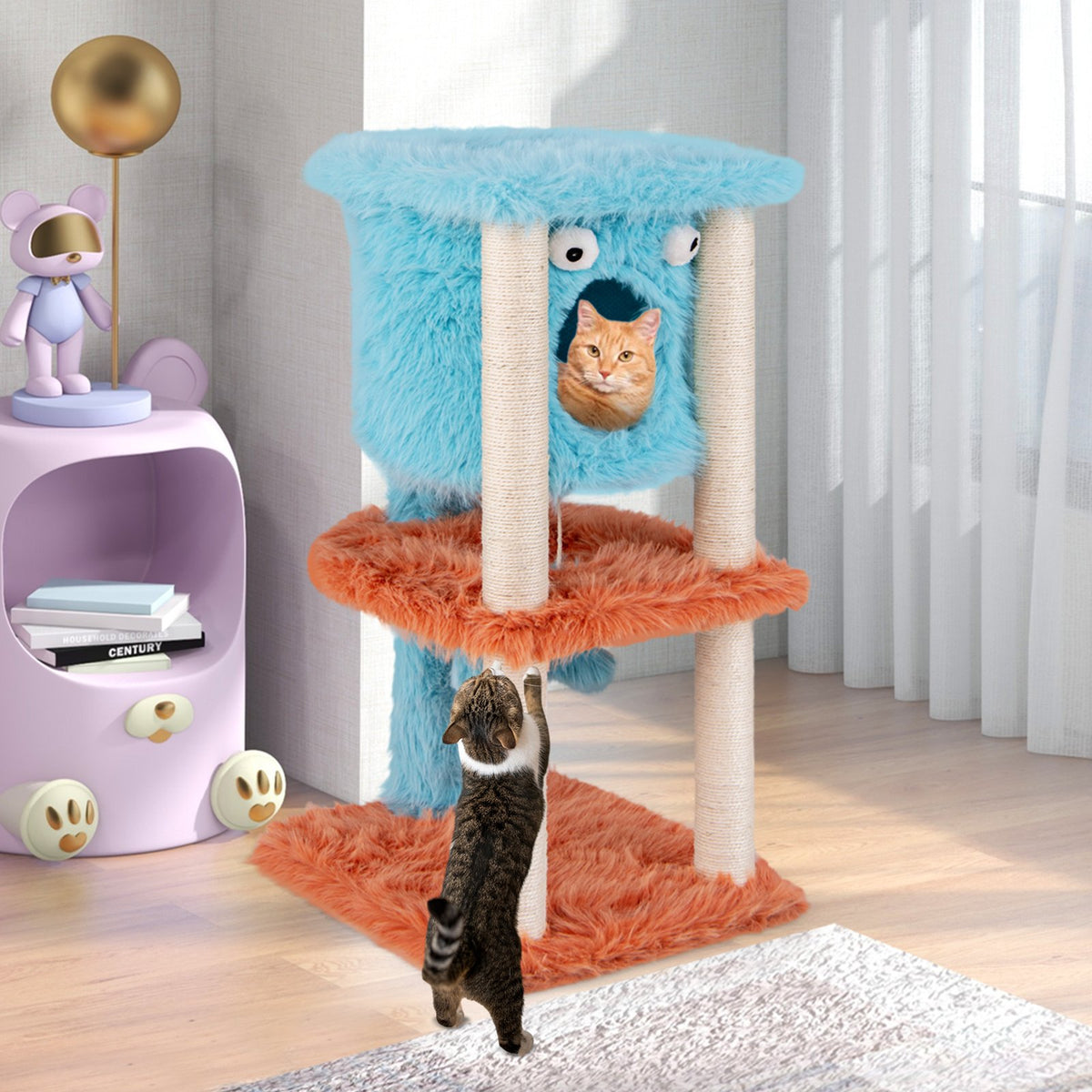 Cute Monster-Themed Cat Tower with Private Condo and Soft Long Plush-Blue view 2
