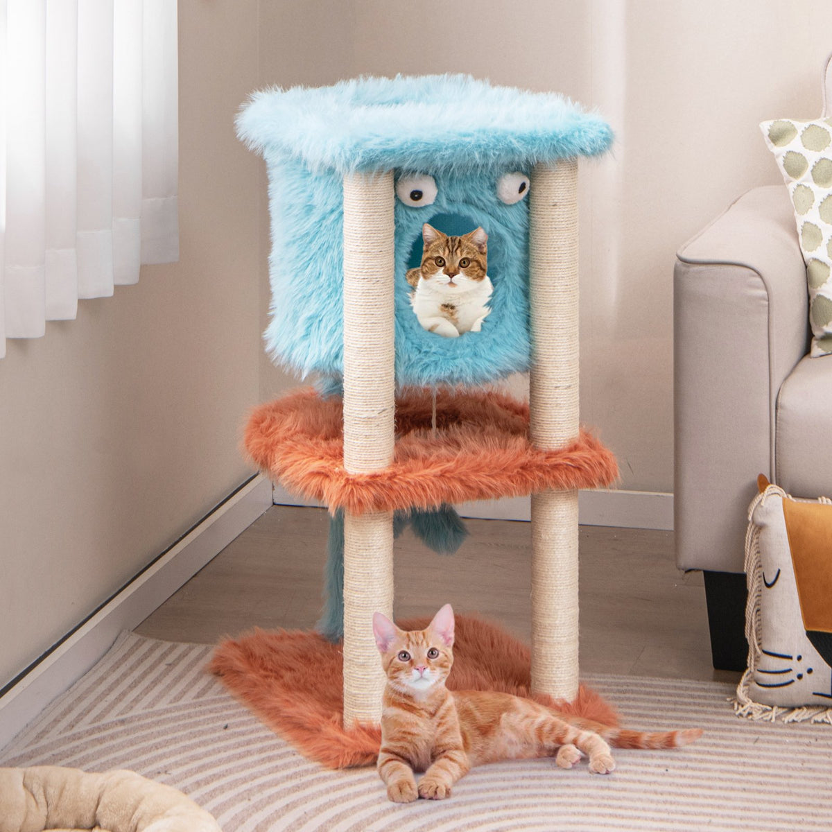 Cute Monster-Themed Cat Tower with Private Condo and Soft Long Plush-Blue view 3