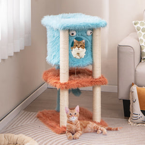 Cute Monster-Themed Cat Tower with Private Condo and Soft Long Plush-Blue view 3