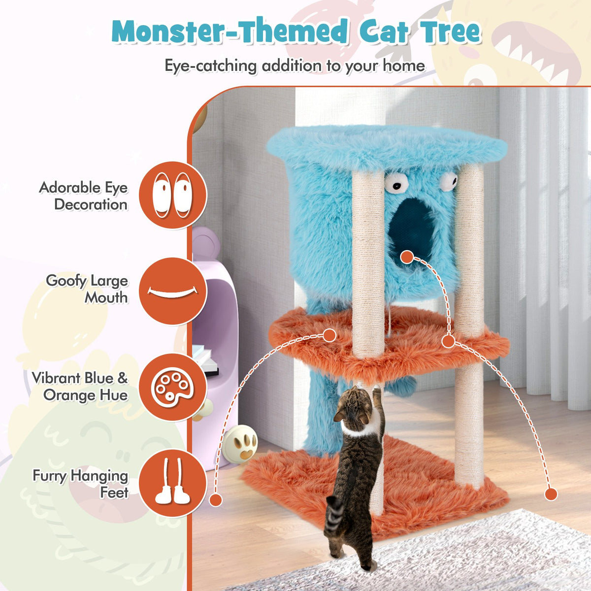 Cute Monster-Themed Cat Tower with Private Condo and Soft Long Plush-Blue view 6