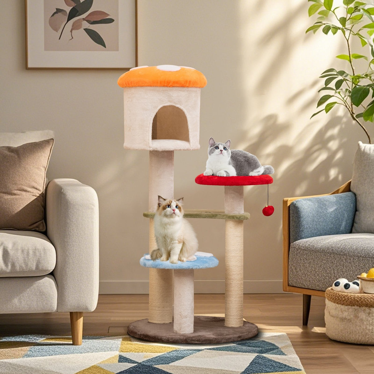 Cute Mushroom Cat Tree with Sisal Scratching Posts Top Condo and Padded Platforms-Multicolor view 2