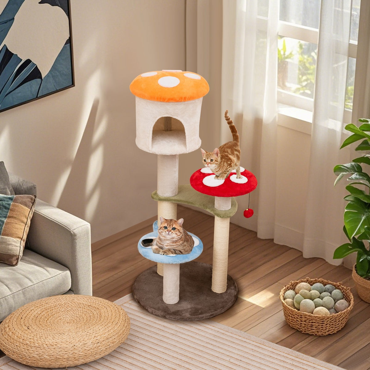 Cute Mushroom Cat Tree with Sisal Scratching Posts Top Condo and Padded Platforms-Multicolor view 3