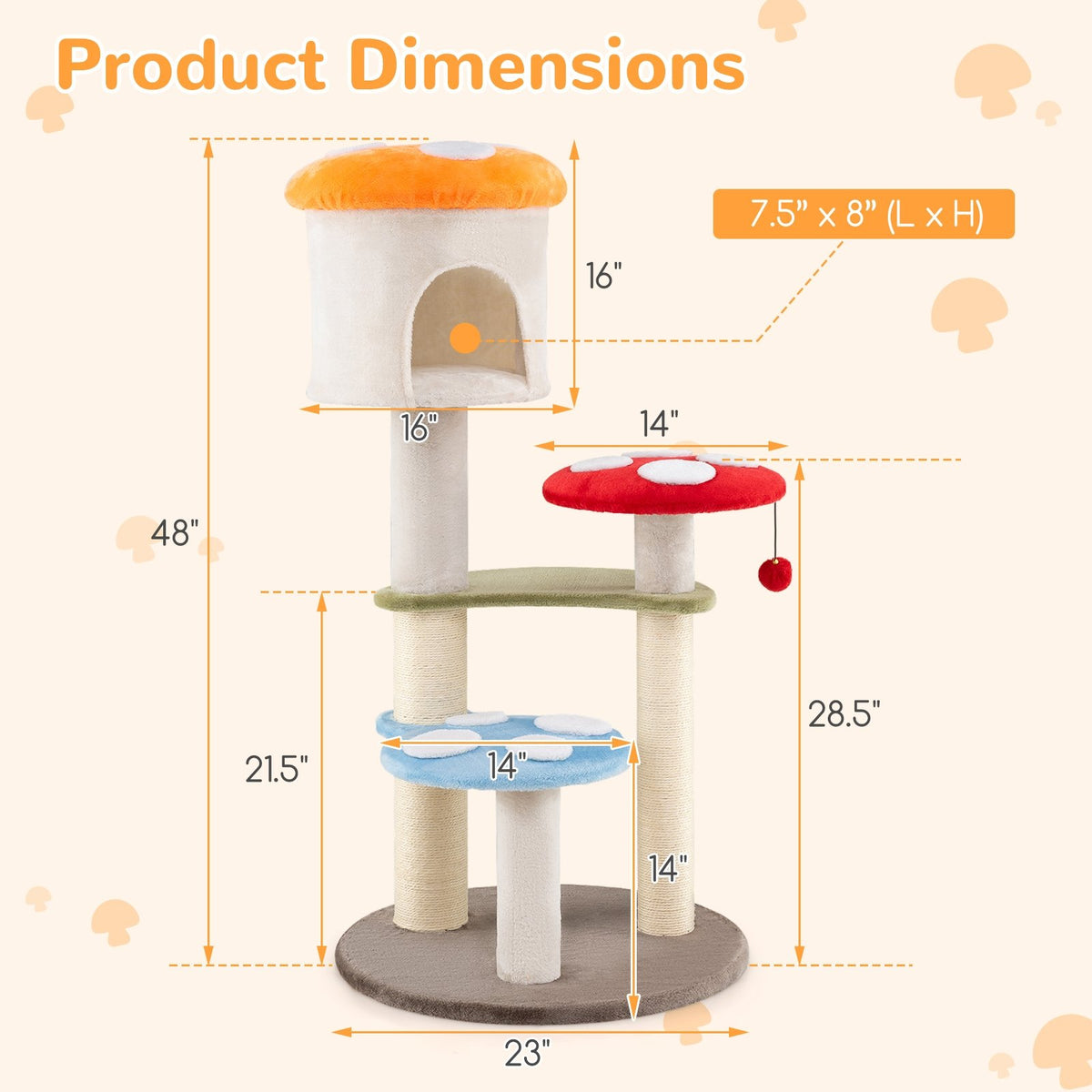 Cute Mushroom Cat Tree with Sisal Scratching Posts Top Condo and Padded Platforms-Multicolor view 5
