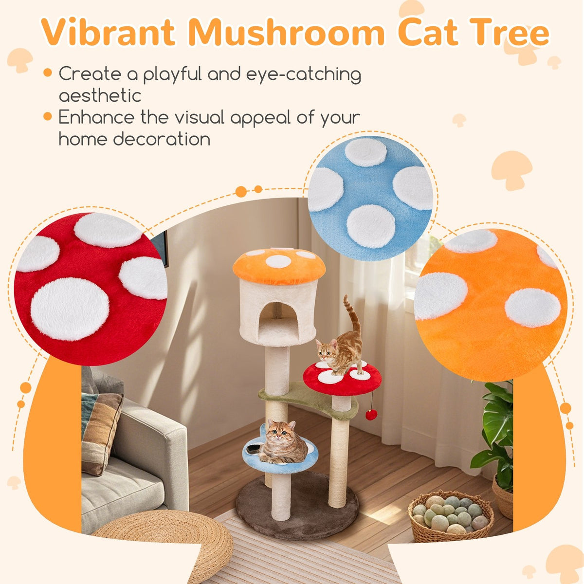 Cute Mushroom Cat Tree with Sisal Scratching Posts Top Condo and Padded Platforms-Multicolor view 6