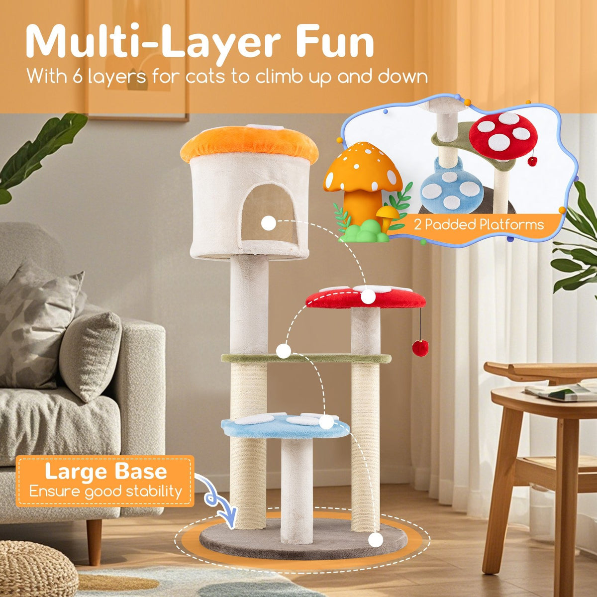 Cute Mushroom Cat Tree with Sisal Scratching Posts Top Condo and Padded Platforms-Multicolor view 7
