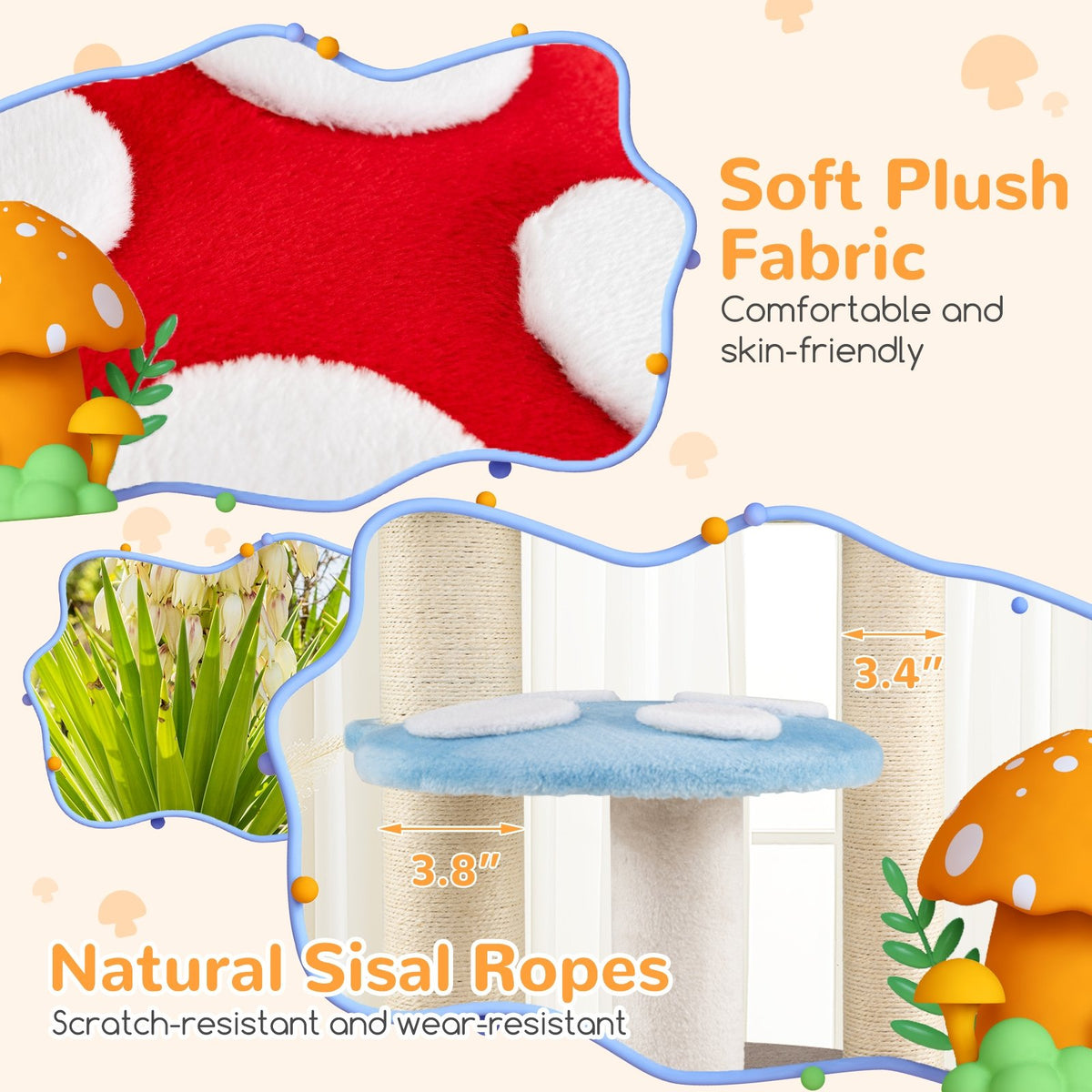 Cute Mushroom Cat Tree with Sisal Scratching Posts Top Condo and Padded Platforms-Multicolor view 8