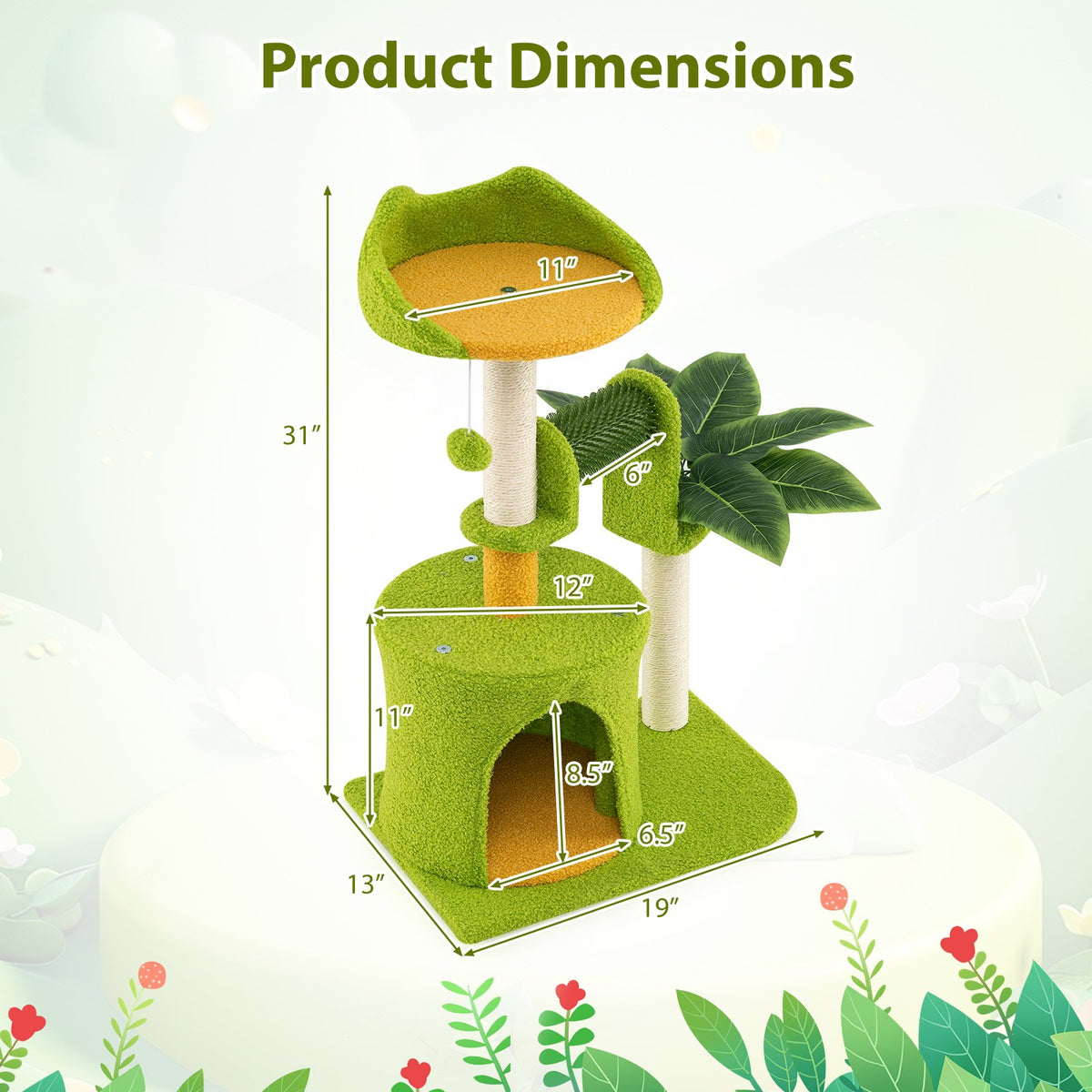 Cute Palm Cat Tree for Indoor Cats with Artificial Leaves-Green view 3