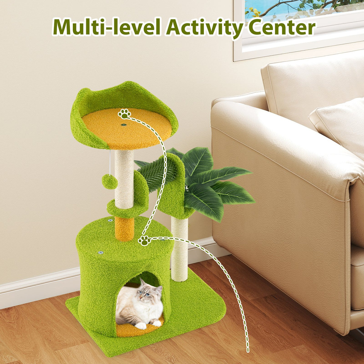 Cute Palm Cat Tree for Indoor Cats with Artificial Leaves-Green view 4