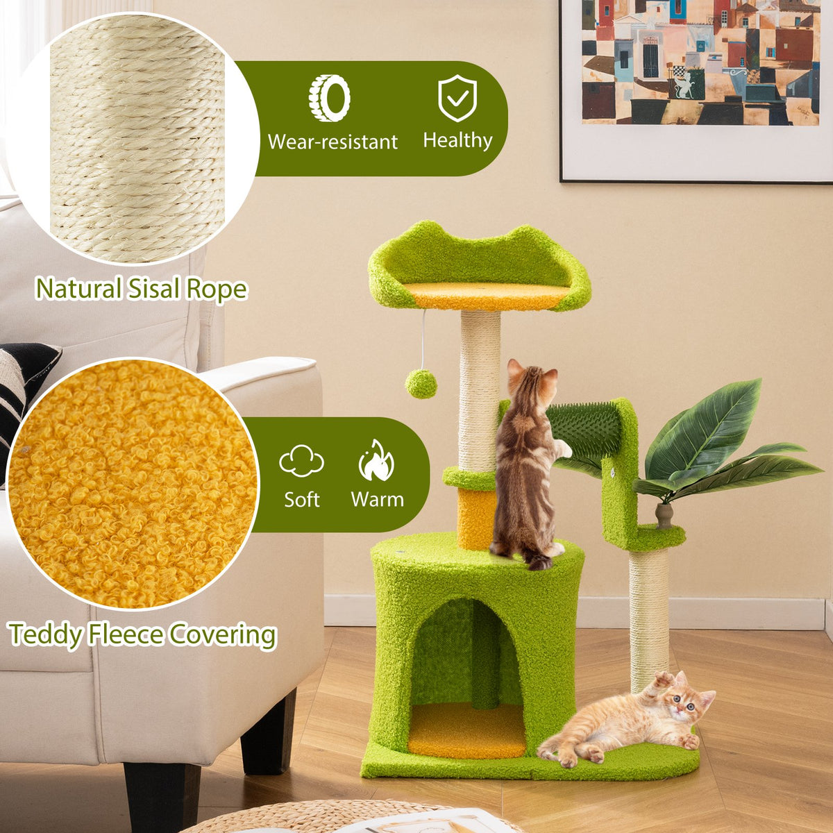 Cute Palm Cat Tree for Indoor Cats with Artificial Leaves-Green view 6