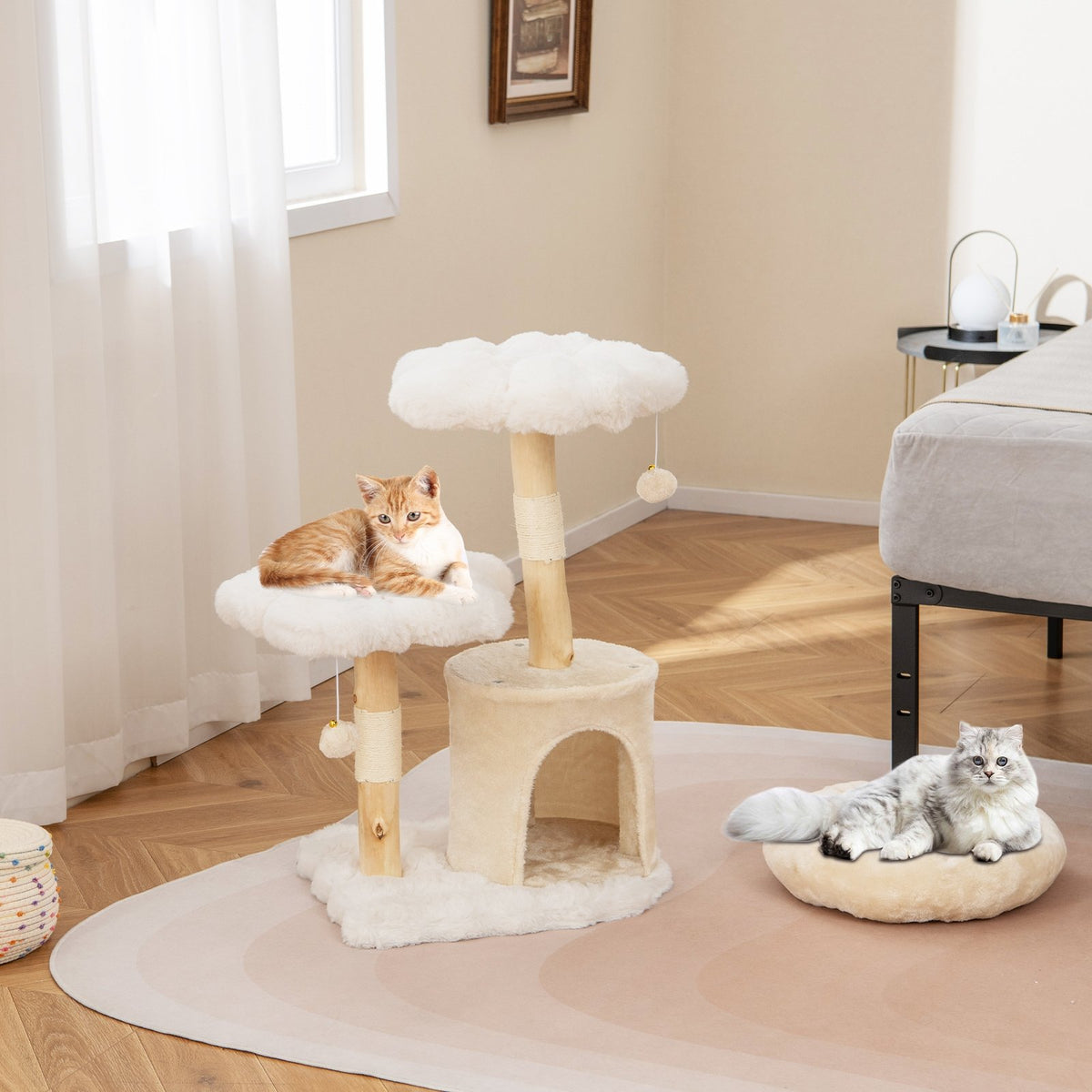 Cute Solid Wood Cat Tree Natural Branch Modern Flower Cat Tower with Sisal Scratching Posts-Beige view 2