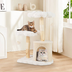 Cute Solid Wood Cat Tree Natural Branch Modern Flower Cat Tower with Sisal Scratching Posts-Beige view 3