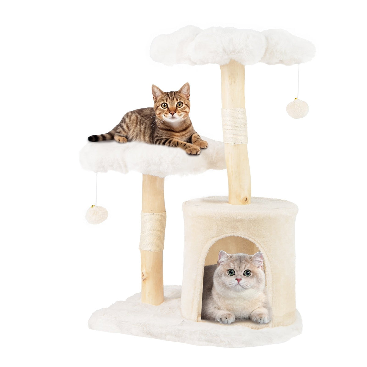 Cute Solid Wood Cat Tree Natural Branch Modern Flower Cat Tower with Sisal Scratching Posts-Beige view 4
