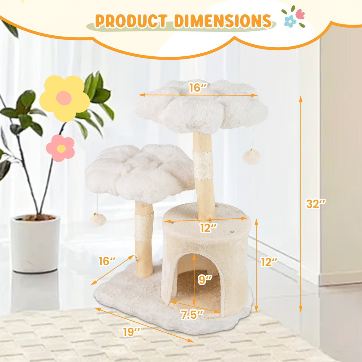 Cute Solid Wood Cat Tree Natural Branch Modern Flower Cat Tower with Sisal Scratching Posts-Beige view 5
