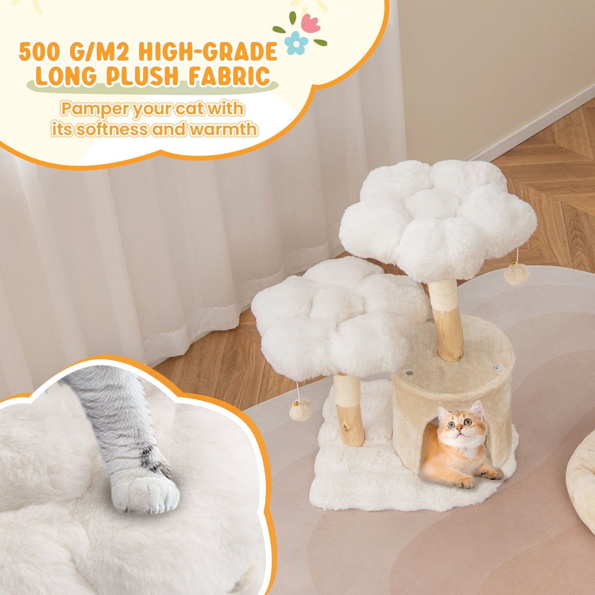 Cute Solid Wood Cat Tree Natural Branch Modern Flower Cat Tower with Sisal Scratching Posts-Beige view 6