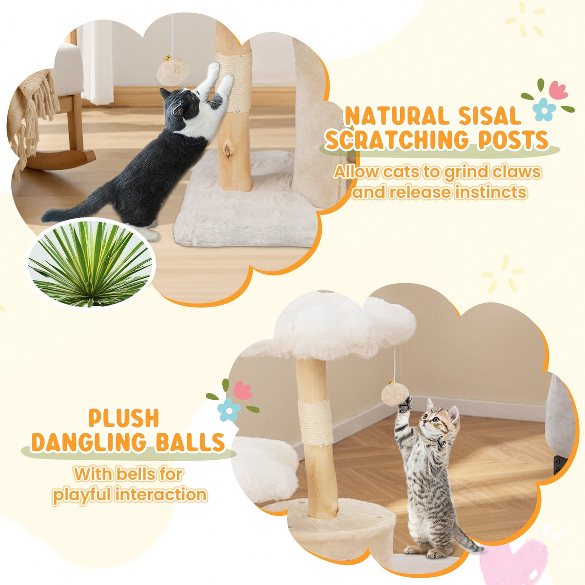 Cute Solid Wood Cat Tree Natural Branch Modern Flower Cat Tower with Sisal Scratching Posts-Beige view 7
