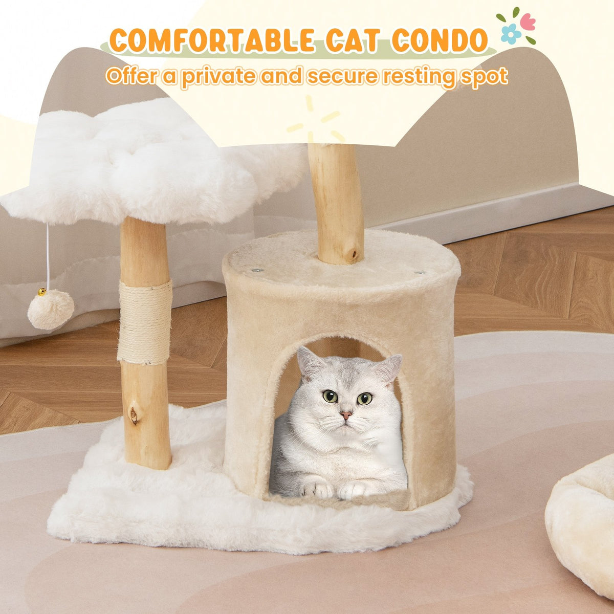 Cute Solid Wood Cat Tree Natural Branch Modern Flower Cat Tower with Sisal Scratching Posts-Beige view 9
