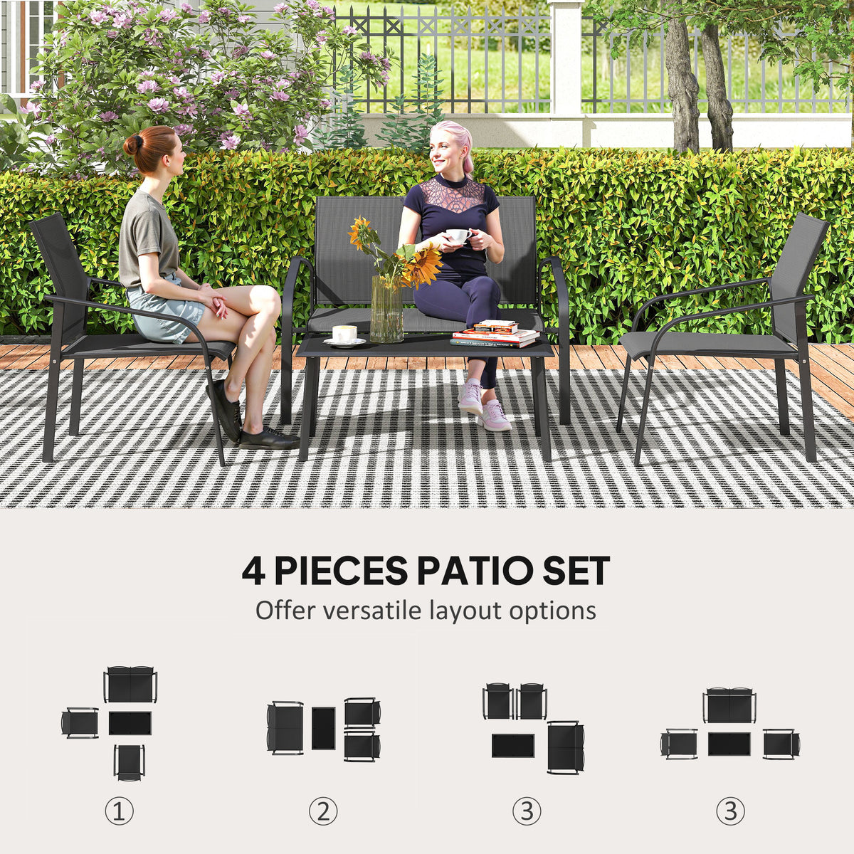 4 Piece Patio Furniture Set, Outdoor Conversation Set with Deep Seat, Loveseats, Armchairs, Glass-Top Table, Black