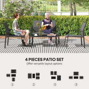 4 Piece Patio Furniture Set, Outdoor Conversation Set with Deep Seat, Loveseats, Armchairs, Glass-Top Table, Black