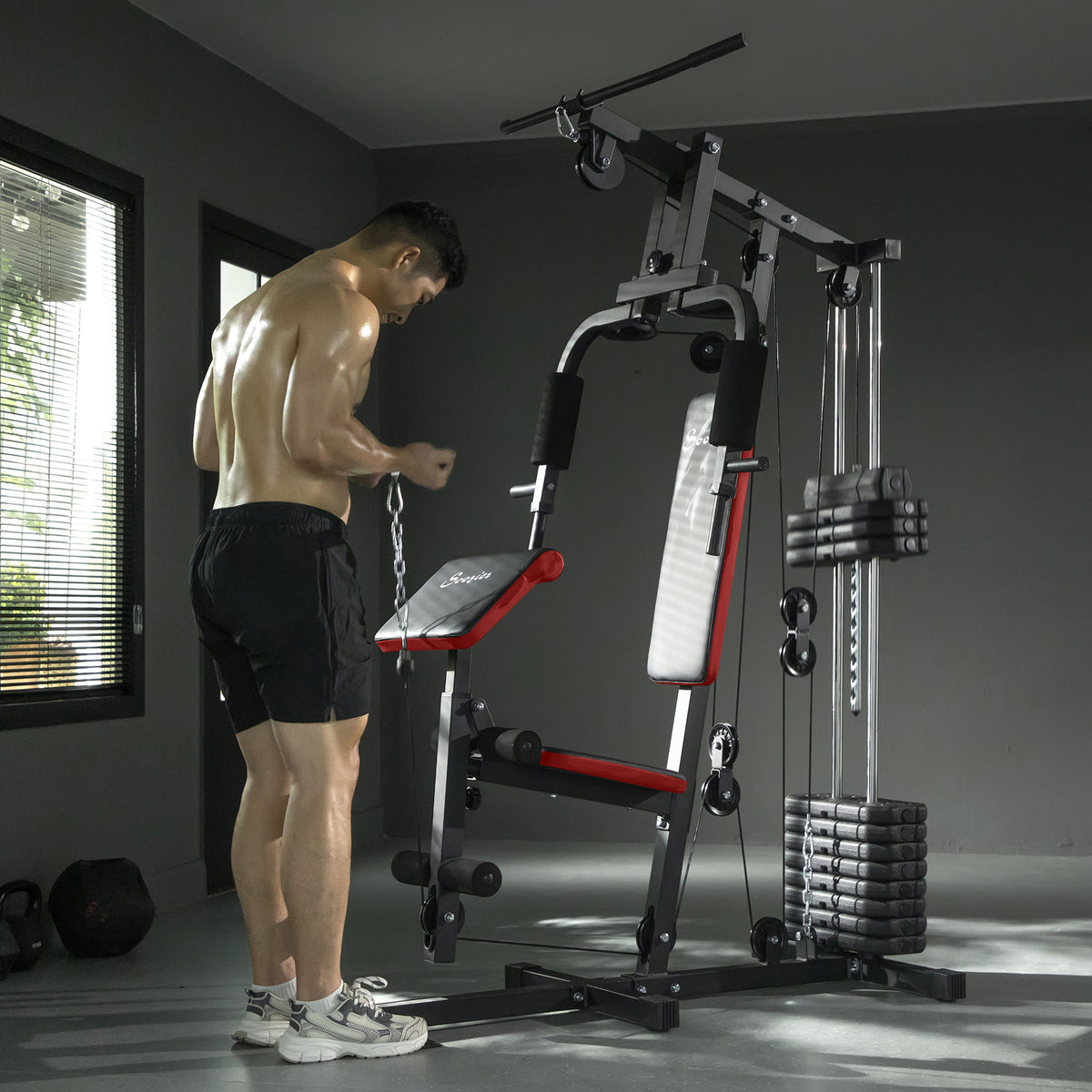 Soozier Home Gym Equipment Weight Training Machine, Multifunction Workout Machine with 143lbs Weight Stack for Full Body Workout and Strength Training