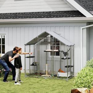 Large Catio Outdoor Cat Enclosure with Waterproof Cover, Walk-in Cat Patio w/ 5 Adjustable Platforms & Hammock 79" W