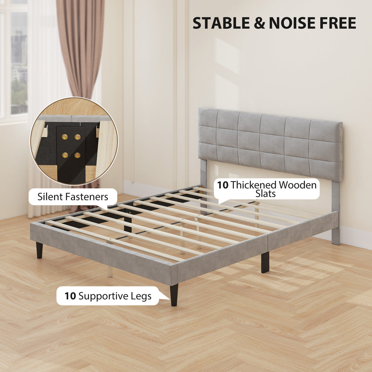 Queen Size Bed Frame with Upholstered Headboard, Modern Platform Bed Frame with Wood Slats, 1100 lbs Capacity, Cream