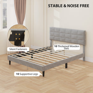 Queen Size Bed Frame with Upholstered Headboard, Modern Platform Bed Frame with Wood Slats, 1100 lbs Capacity, Cream