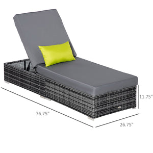 Patio Wicker Lounger, Outdoor PE Rattan Single Chaise Lounge w/Adjustable Recliner Backrest, Cushion, & Pillow, Grey