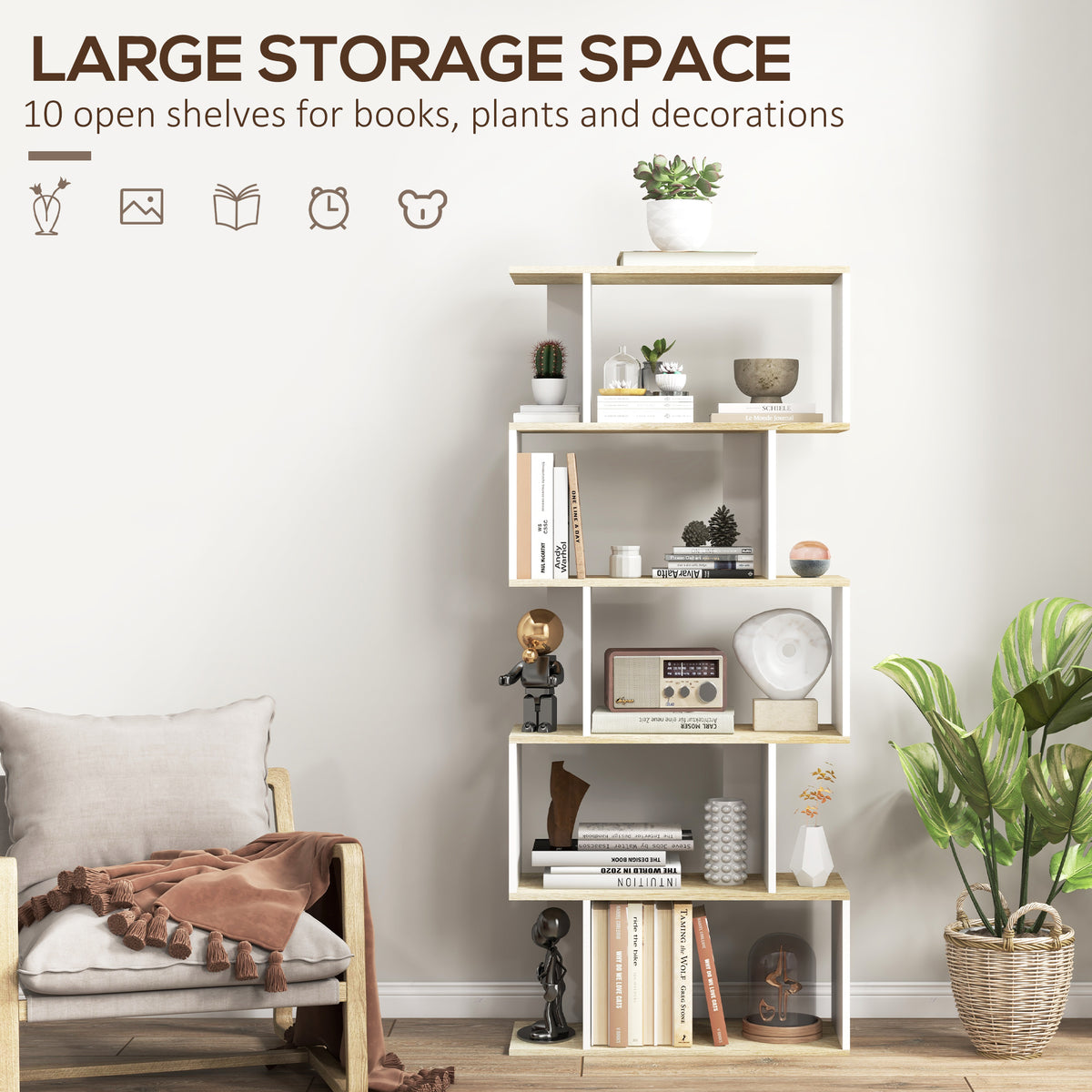 5-Tier Bookshelf, Geometric S Shaped Bookcase, Tall Narrow Display Shelf for for Living Room, Study Room – view 3