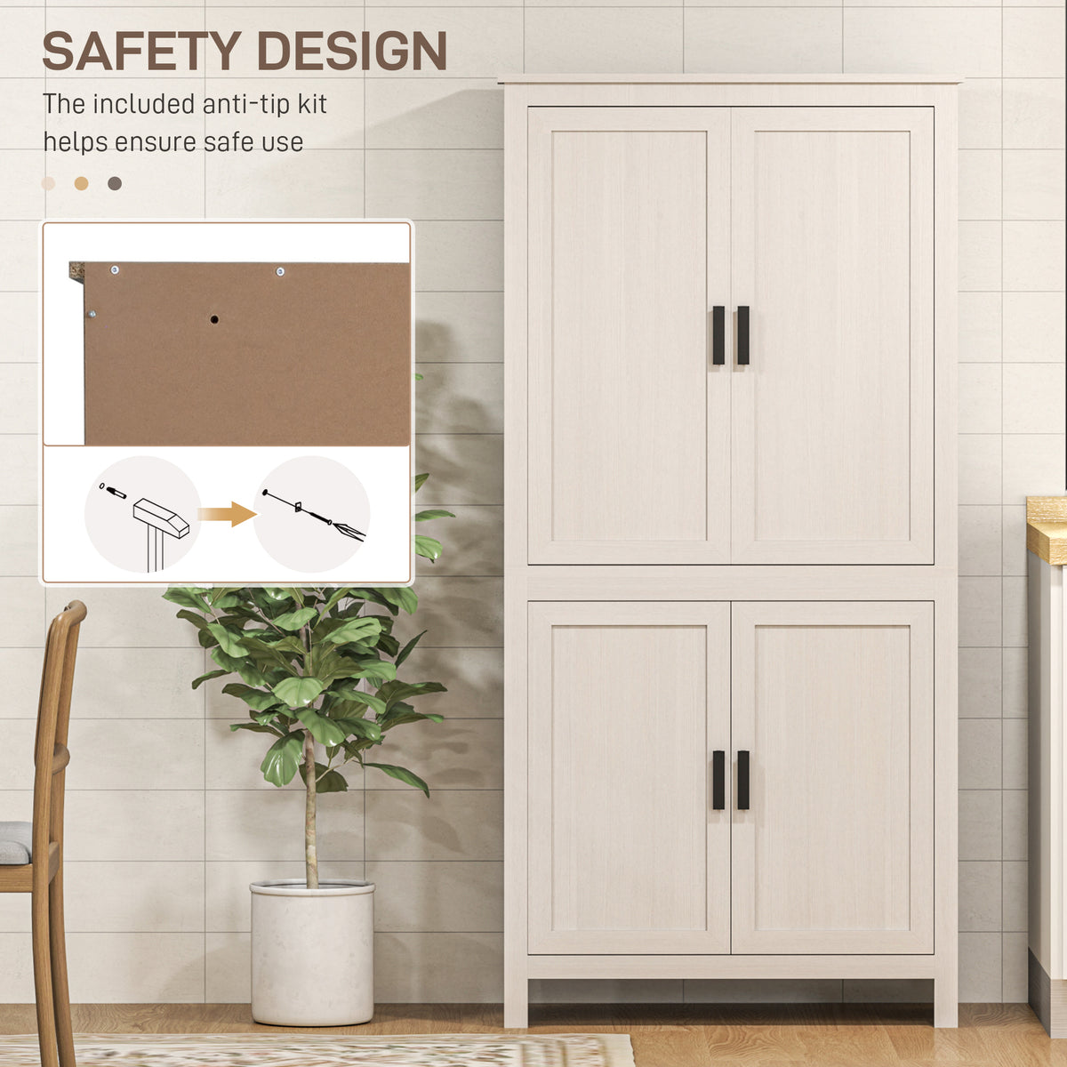 64" Kitchen Pantry Cabinet, Freestanding Storage Cabinet with 4 Doors, 3 Adjustable Shelves, Antique White