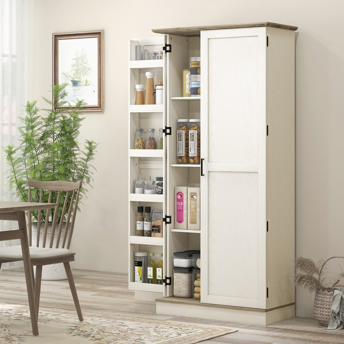 70" Tall Kitchen Pantry Cabinet with Door Shelves and Adjustable Shelves, Black Wood Grain
