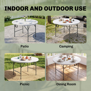 Φ48" Folding Patio Table, Outdoor HDPE Picnic Table, Card Table for 6, Round Folding Banquet with Metal Frame, White
